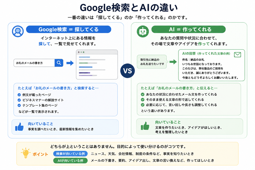 Google検索とAIの違いを比較した図