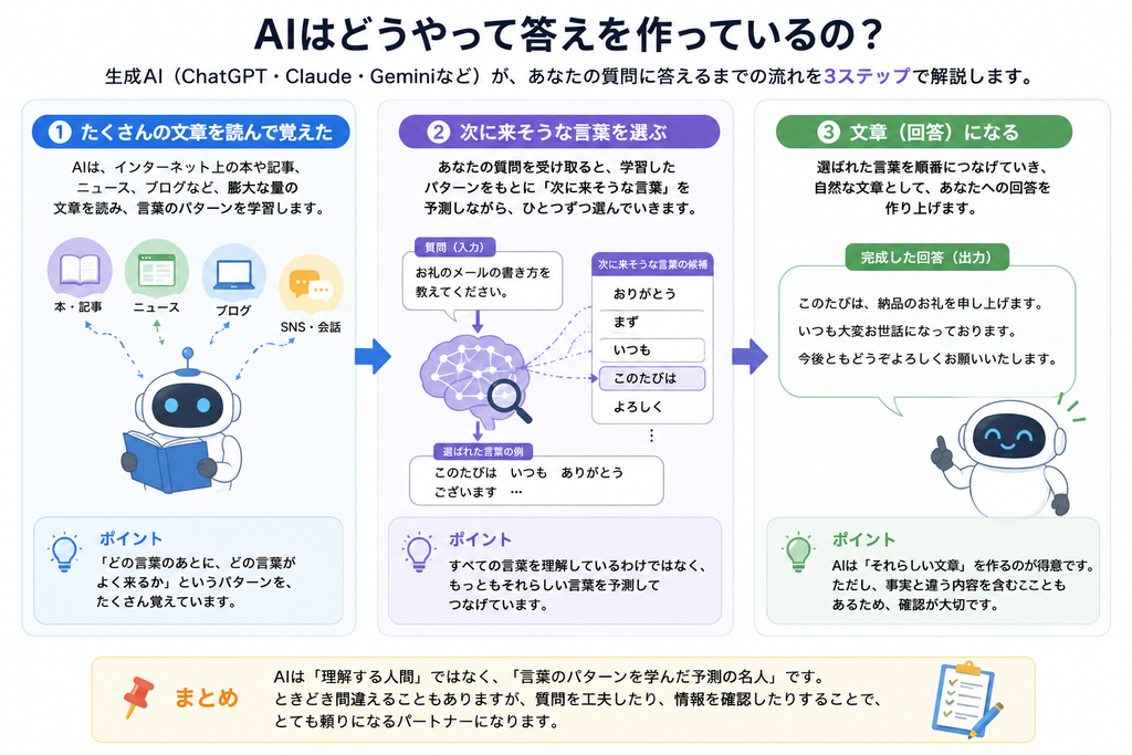 生成AIが質問への回答を作る仕組みを3ステップで説明した図